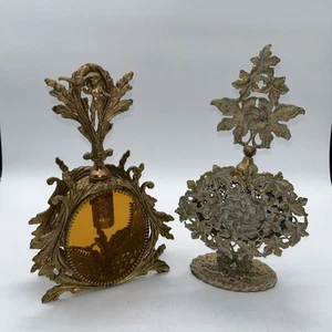 Pair CZECH Gilt Brass Vanity Filigree Amber Perfume Bottles Cherubs Flowers - Picture 1 of 9