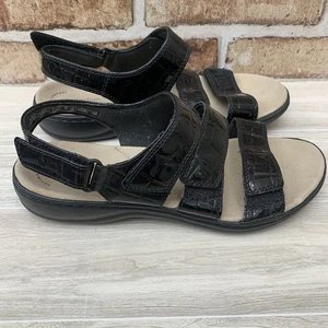 Clarks Leisa Melinda schwarz Lack Kunstleder Krokoleder Fersenriemen Sandalen 7,5M gebraucht, in einwandfreiem Zustand - Bild 1 von 10