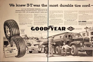 Fuel Truck at Gas Station Goodyear Truck Tires Vtg 2 Page Print Ad 1955 - Picture 1 of 6