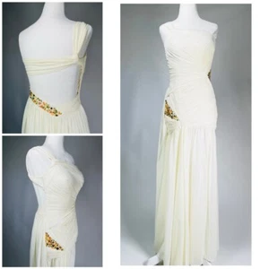 Terani Couture elegantes cremefarbenes Abendkleid römisch verziert Perlen Größe 4 - Bild 1 von 12