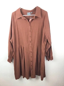 Arula SZ3X Babydoll Dress Brown Textured Long Sleeve Full Button Collared A24 - Picture 1 of 5