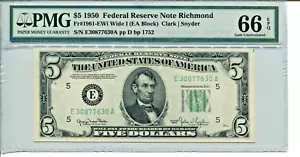 Fr 1961-E WIDE I 1950 $5 Federal Reserve PMG 66 EPQ GEM UNCIRCULATED - Picture 1 of 2