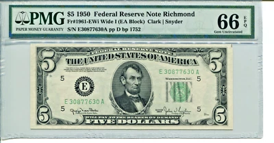 Fr 1961-E WIDE I 1950 $5 Federal Reserve PMG 66 EPQ GEM UNCIRCULATED - Image 1 of 2
