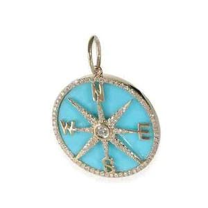 Diamond Compass Pendant Medallion Charm 22 MM Charm, 14k Yellow Gold Plated - Picture 1 of 2