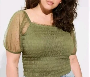 NWT Torrid Women's Size 2 Green Short Sheer Sleeve Ribbed Shirt 100 % Polyester - Picture 1 of 10