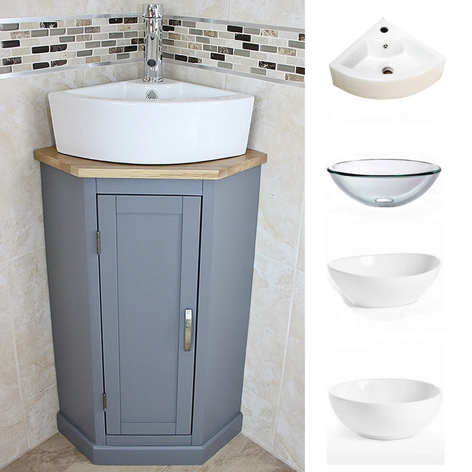 BATHROOMS AND MORE STORE Bathroom Corner Compact Vanity Unit | Grey Painted | Ceramic & Glass Basin