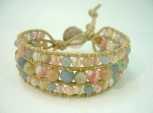 Handmade Leather Wrap Bracelet -Aventurine, Cherry Quartz- Thailand 6.5"+ - Picture 1 of 3