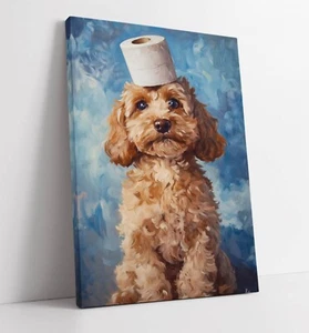 CANE COCKAPOO CON CARTA IGIENICA SULLA TESTA - QUADRO ARTE DA PARETE SU TELA CON CORNICE STAMPA - Foto 1 di 2