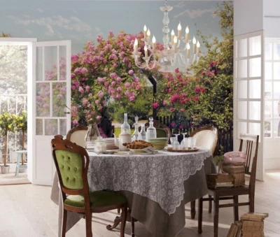 BIG Wall Mural garden Wallpaper pink green trees 368x254cm NO ADHESIVE - Image 1 of 4