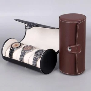 PU Leather 3 Grid Cylinder Watch Box Holder Organizer Bracelet Storage Case - Picture 1 of 6