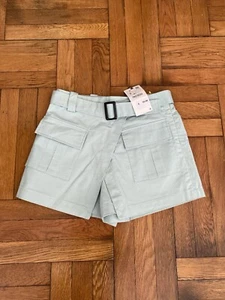 Zara NWT Teal Green Cotton Elastic Waist Band Belt Hybird Cargo Shorts Women S - Picture 1 of 6