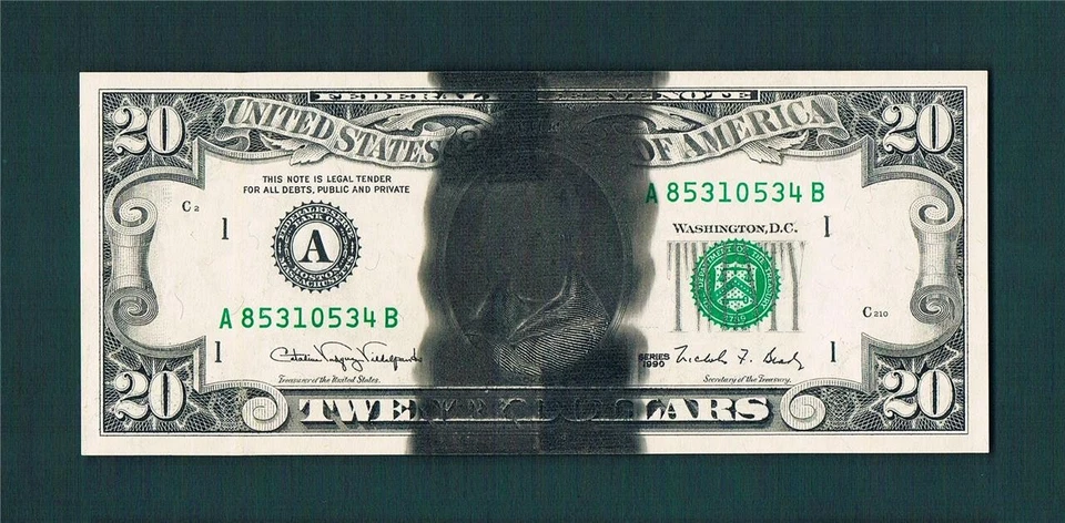 $20.00 1990 Federal Reserve AB-Block MAJOR "INK SMEAR Covering OVAL"~Choice&epq - Image 1 of 1