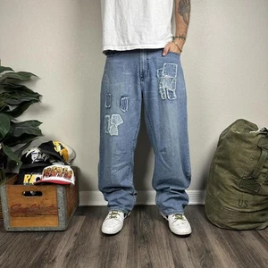 Y2K baggy Machine jeans washed patchwork skater wide legged denim 32x30 - Picture 1 of 8