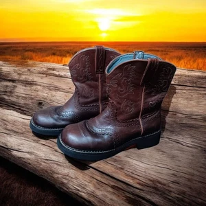 Womens Sz 9 B Ariat Fat Baby Western Brown Leather Shorty Cowboy Boots - Picture 1 of 7