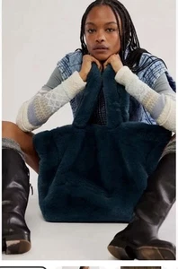 Sold Out Free People Cozy Commuter Faux Fur Teal Tote - Picture 1 of 14