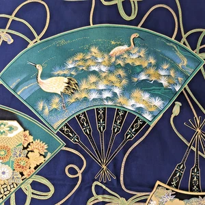 Vintage Kona Bay Japanese Fans Fabric 2001 | Floral Cranes Navy & Gold | 4.3 yds - Picture 1 of 7