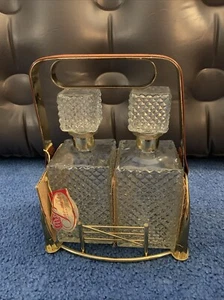 Serv-Master Vintage Diamantschliff Kristallglas Flüssigkaraffen Ledergriff - Bild 1 von 9