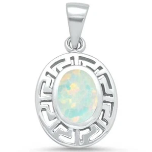 Oval White Opal Greek Key .925 Sterling Silver Pendant - Picture 1 of 2