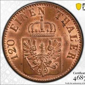 Germany, Prussia, Wilhelm I, 3 pfenninge 1865-A, Berlin Mint, PCGS MS64RB - Picture 1 of 4