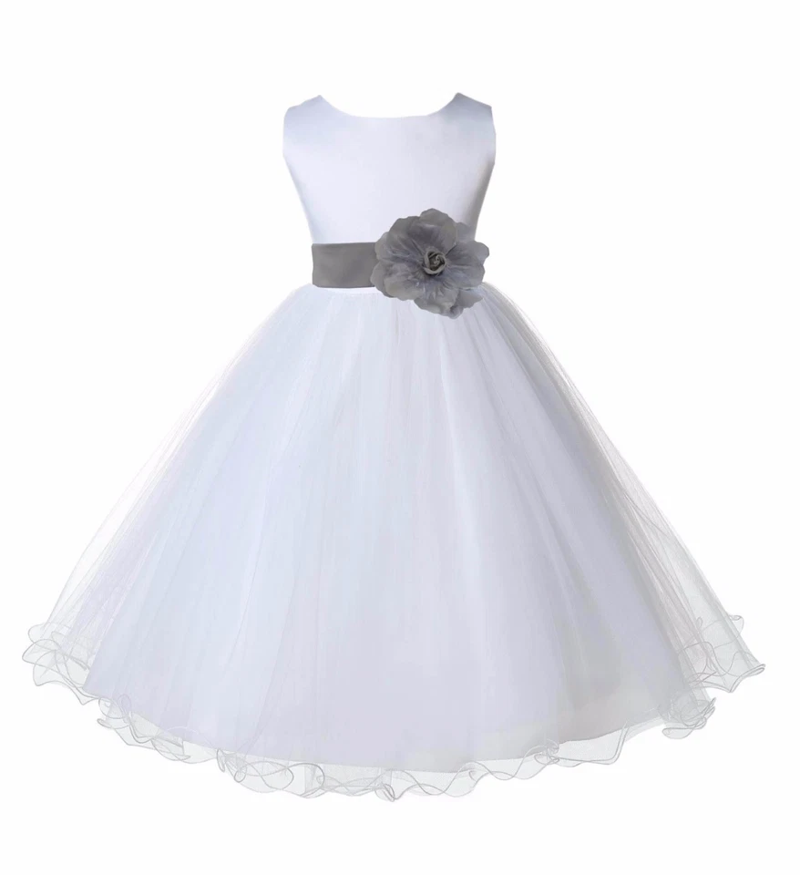 Satin White Tulle Flower Girl Dress Wedding Pageant Communion Reception Baptism  - Image 1 of 1