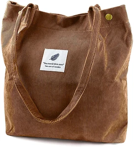 Corduroy Tote Bag Large for Women Girl Lady Canvas Shoulder Cord Purse with Inne - Picture 1 of 12