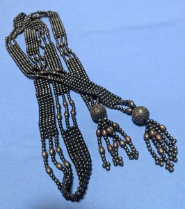 Antique Vintage Black Wooden Bead Tie Belt/Sash Carved Coquilla Nut Tassels - Picture 1 of 7