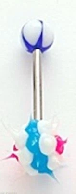 Tongue Ring w/Kooshball 8mm White/Blue Ball 14 Gauge 5/8" Barbell  - Image 1 of 3