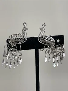 VTG Sterling Silver Peacock Earring Screw Back Dangle Ornate Filigree Chandelier - Picture 1 of 9