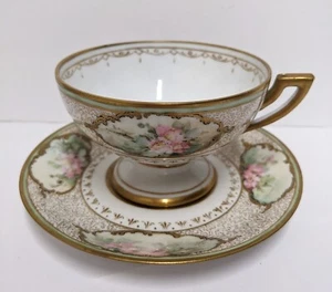 Piatto tazza da tè JPL France Jean Pouyat Limoges dipinto a mano floreale verde oro - Foto 1 di 16
