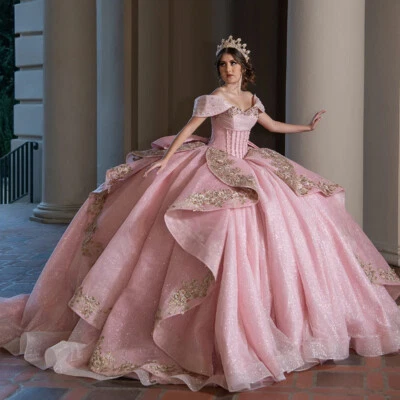 Pink Princess Quinceanera Dresses Shiny Applique Layered Ruffled Prom Ball Gowns - Image 1 of 4