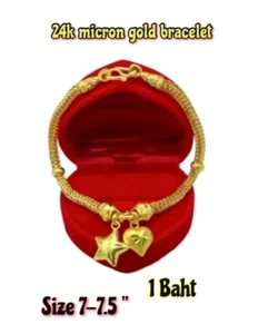 Star & Heart Dangle 24K Thai 1 Baht Gold Micron Bracelet 7-7.5" Jewelry For Her - Picture 1 of 5