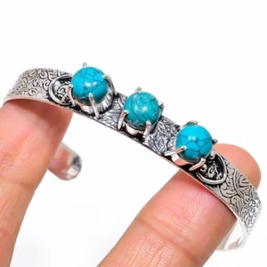Blue Turquoise Gemstone 925 Sterling Silver Jewelry Cuff Bracelet Adjustable - Picture 1 of 1