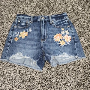 American Eagle Mom Shorts Women Size 0 Blue Denim Floral Embroidered Distressed - Picture 1 of 10
