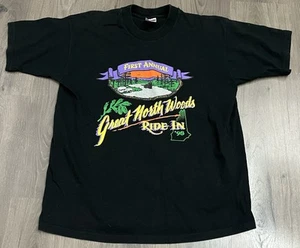 Vtg 1998 Great North Woods Ride-In T-Shirt L Fruit of the Loom Black Biker Tee - Picture 1 of 4