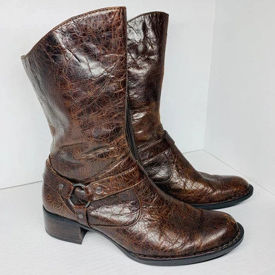 Born Crown 女式 7.5 侧拉链线棕色裂纹皮革波西米亚中筒靴 — 第 1/4 张图片