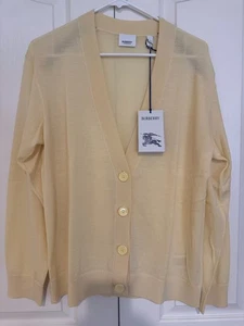 Burberry maglione cardigan donna 100% lana dettagli quadri taglia L smerigliato limone - Foto 1 di 4