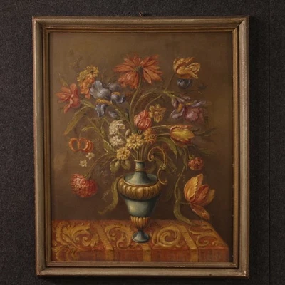 Tableau vase de fleurs huile sur masonite peinture nature morte 20ème siècle - Photo 1/4