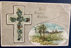 Postcard Easter Wishes Embossed Cross flowers country Winsch Back 1909 C104 - Bild 1 von 2