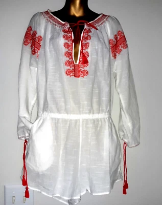 J. NUEVO Mameluco Crew Bordado Blanco/Rojo Talla S Algodón Bolsillos Borla Corbatas Playa Foto 1 de 4