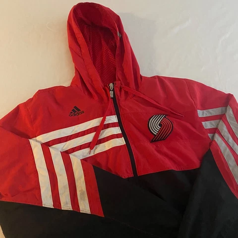 Portland Trailblazers Adidas Jacket XL Red NBA Windbreaker Full Zip Hooded Light Cover