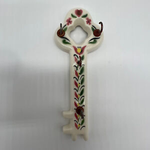 Ceramic Key Holder Wall Hanging Vintage 4 Hooks Cream/Ivory Flowers Crazing 9"