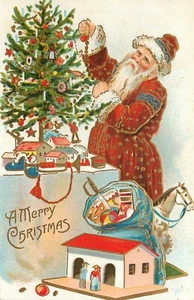 Gilded Embossed Christmas Santa Claus Postcard Santa Decorates Tree - Picture 1 of 2