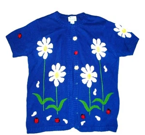 Women's THE QUACKER FACTORY SHORT SLEEVE LADYBUG / DAISY CARDIGAN SWEATER Size L - Picture 1 of 7