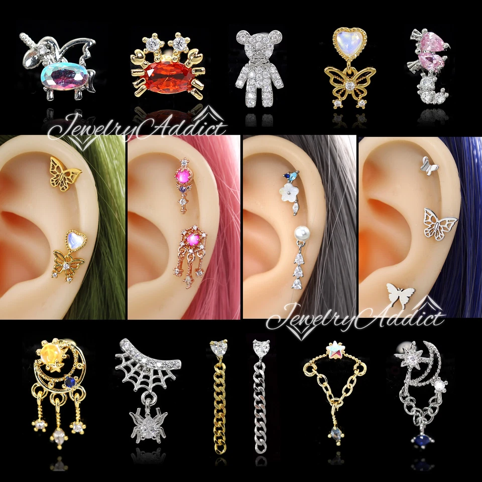 Fashion Y2K Gem Drop Ear Cartilage Climber Helix Ring Bar Stud Piercing Earring - Image 1 of 1