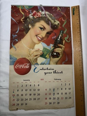 Винтажный 1951 Coca Cola календарь женщины с кока-колы напиток и Санта на спине - Изображение 1 из 4