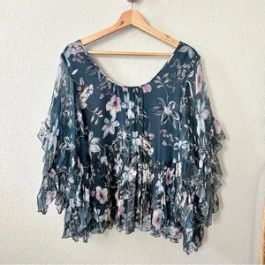 Top Johnny Was Love Walter taglia small blu grigio floreale seta manica con volant nuovo con etichette - Foto 1 di 6