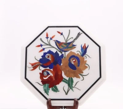 12'' antique white Marble coffee Center wall panel Table Top Inlay lapis bird - Image 1 of 4