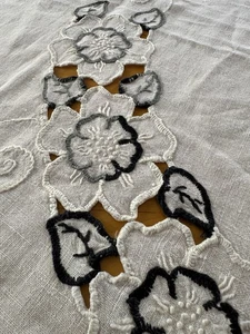 Vintage Linen Tablecloth Embroidered Crochet Edges 40” Square Black Gray Floral - Picture 1 of 12