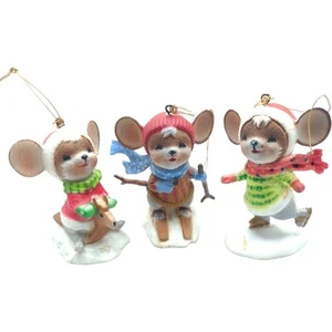 Vintage Lot of 3 Winter Snow Skiing Skating Mice Santa Hat Ornaments 2.5" Cute - Picture 1 of 4
