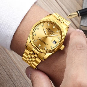New Men's Gold Stainless Classic Dial Steel Quartz Watch - Picture 1 of 13